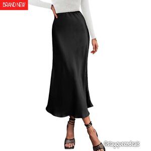 Satin Midi Skirt High Waist Elastic A-Line Cocktail Wedding Party